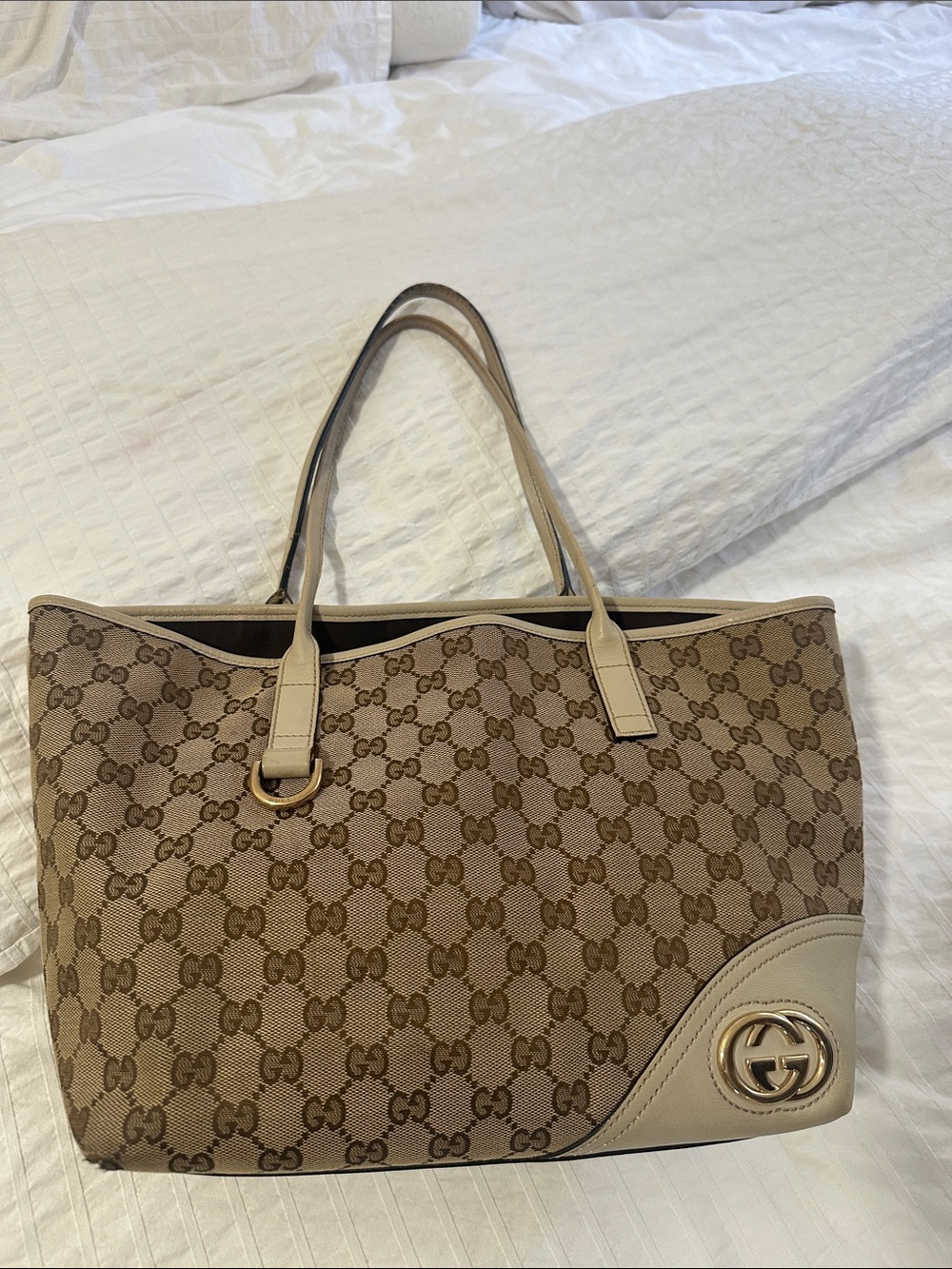 Gucci Britt Brown Beige GG Canvas Tote with Gold Hardware